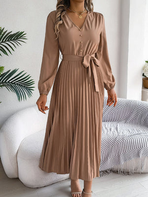 Women's Elegant V - Neck Button Tie - Waist Flared Pleated Maxi Dress - Zambeel