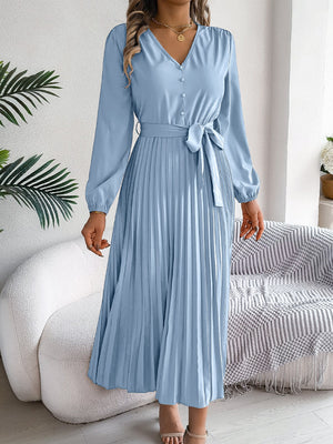 Women's Elegant V - Neck Button Tie - Waist Flared Pleated Maxi Dress - Zambeel