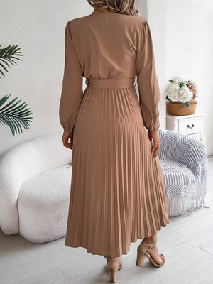 Women's Elegant V - Neck Button Tie - Waist Flared Pleated Maxi Dress - Zambeel