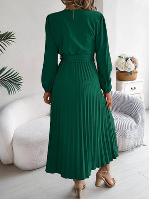 Women's Elegant V - Neck Button Tie - Waist Flared Pleated Maxi Dress - Zambeel