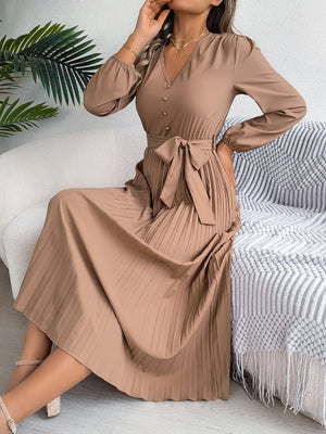 Women's Elegant V - Neck Button Tie - Waist Flared Pleated Maxi Dress - Zambeel