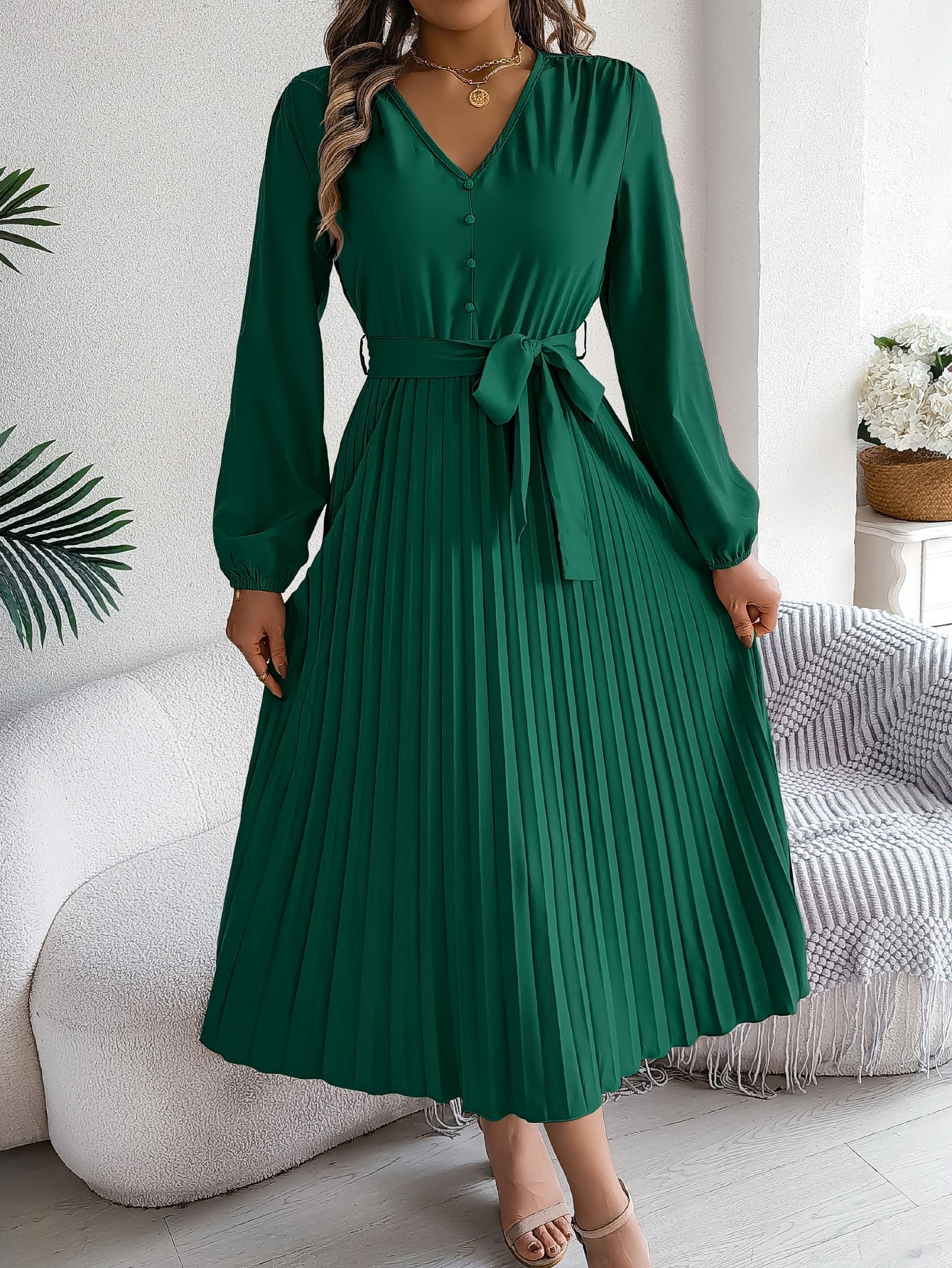 Women's Elegant V - Neck Button Tie - Waist Flared Pleated Maxi Dress - Zambeel