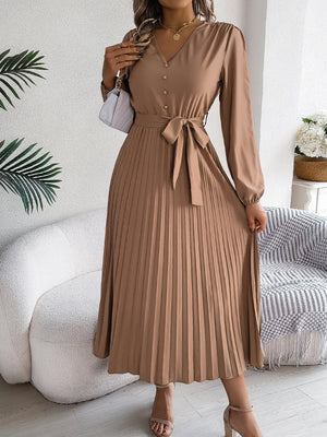 Women's Elegant V - Neck Button Tie - Waist Flared Pleated Maxi Dress - Zambeel