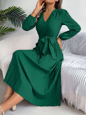 Women's Elegant V - Neck Button Tie - Waist Flared Pleated Maxi Dress - Zambeel