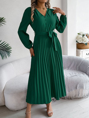 Women's Elegant V - Neck Button Tie - Waist Flared Pleated Maxi Dress - Zambeel