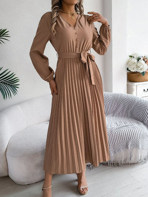 Women's Elegant V - Neck Button Tie - Waist Flared Pleated Maxi Dress - Zambeel