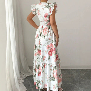 Women's Fashionable Elegant And Sophisticated Printed Dress With Ruffled Sleeves - Zambeel