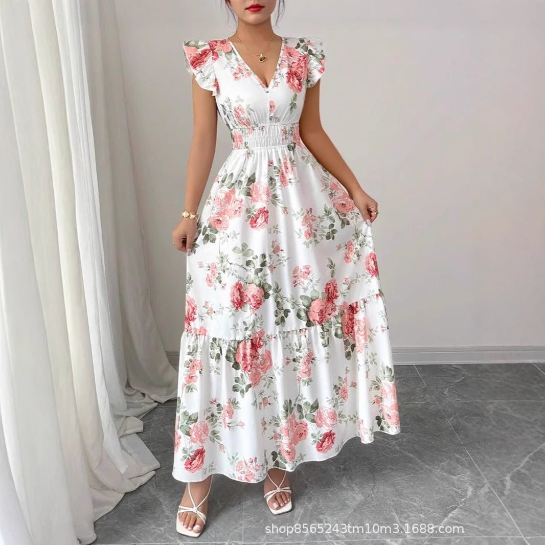 Women's Fashionable Elegant And Sophisticated Printed Dress With Ruffled Sleeves - Zambeel