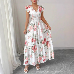 Women's Fashionable Elegant And Sophisticated Printed Dress With Ruffled Sleeves - Zambeel