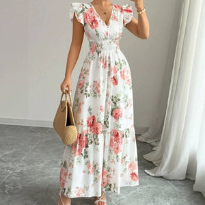 Women's Fashionable Elegant And Sophisticated Printed Dress With Ruffled Sleeves - Zambeel