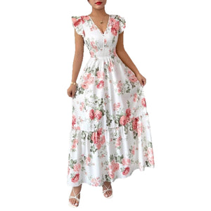 Women's Fashionable Elegant And Sophisticated Printed Dress With Ruffled Sleeves - Zambeel