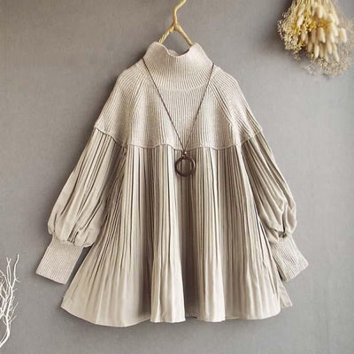 Women's Knitted Patchwork Turtleneck Top With Puff Sleeves - Zambeel