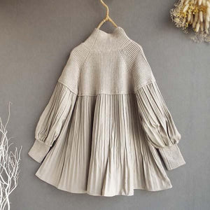 Women's Knitted Patchwork Turtleneck Top With Puff Sleeves - Zambeel