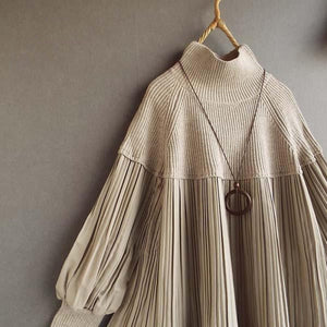 Women's Knitted Patchwork Turtleneck Top With Puff Sleeves - Zambeel