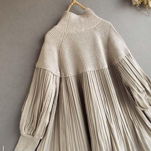 Women's Knitted Patchwork Turtleneck Top With Puff Sleeves - Zambeel