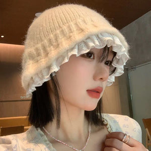 Womens Lace - Trimmed Knitted Fisherman Hat - Zambeel