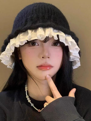 Womens Lace - Trimmed Knitted Fisherman Hat - Zambeel
