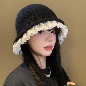 Womens Lace - Trimmed Knitted Fisherman Hat - Zambeel