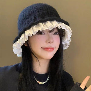 Womens Lace - Trimmed Knitted Fisherman Hat - Zambeel