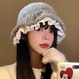 Womens Lace - Trimmed Knitted Fisherman Hat - Zambeel