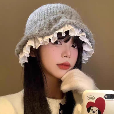 Womens Lace - Trimmed Knitted Fisherman Hat - Zambeel