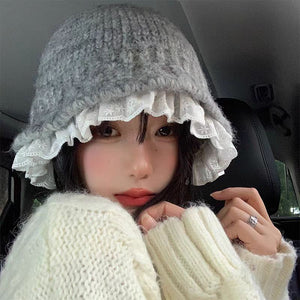 Womens Lace - Trimmed Knitted Fisherman Hat - Zambeel