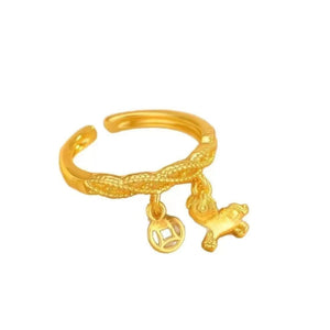 Women's Lucky Gold Horse Coin Ring, Open Adjustable Index Finger Band, Horse Year Zodiac Birth Year Fortune Ring - Zambeel