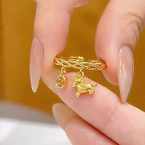 Women's Lucky Gold Horse Coin Ring, Open Adjustable Index Finger Band, Horse Year Zodiac Birth Year Fortune Ring - Zambeel