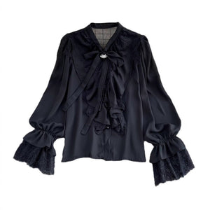 Womens Retro Elegant Loose - Fit Lace - Patch Flare - Sleeve Shirt - Zambeel