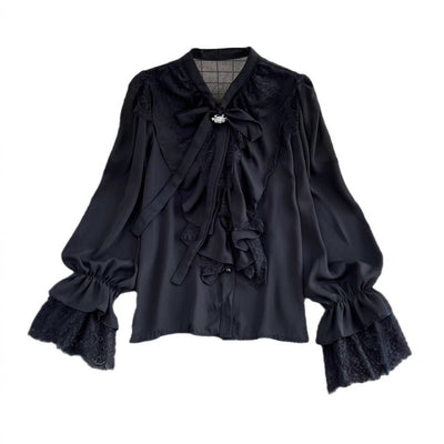 Womens Retro Elegant Loose - Fit Lace - Patch Flare - Sleeve Shirt - Zambeel