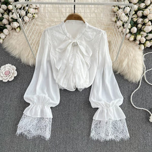 Womens Retro Elegant Loose - Fit Lace - Patch Flare - Sleeve Shirt - Zambeel