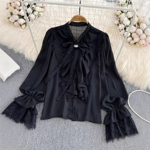 Womens Retro Elegant Loose - Fit Lace - Patch Flare - Sleeve Shirt - Zambeel
