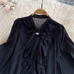 Womens Retro Elegant Loose - Fit Lace - Patch Flare - Sleeve Shirt - Zambeel