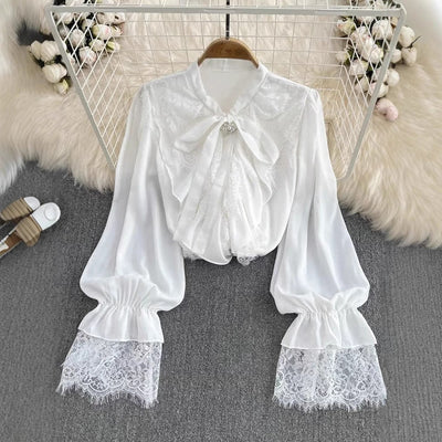 Womens Retro Elegant Loose - Fit Lace - Patch Flare - Sleeve Shirt - Zambeel