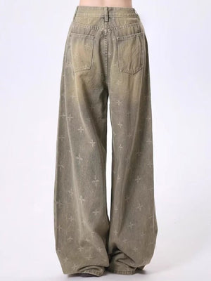 Womens Retro Heavy - Print Cross - Star Design Wide Straight Pants - Zambeel