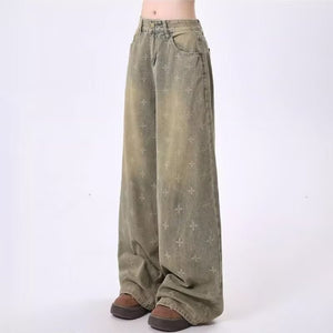 Womens Retro Heavy - Print Cross - Star Design Wide Straight Pants - Zambeel