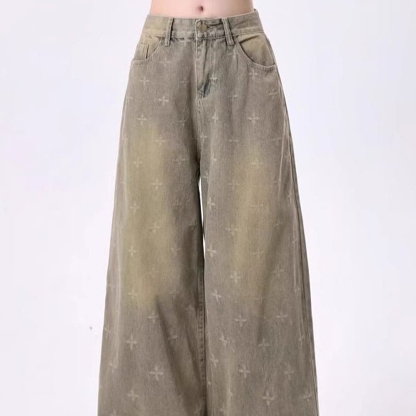 Womens Retro Heavy - Print Cross - Star Design Wide Straight Pants - Zambeel