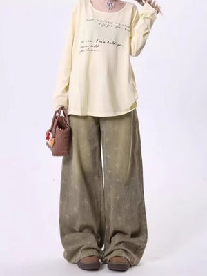 Womens Retro Heavy - Print Cross - Star Design Wide Straight Pants - Zambeel