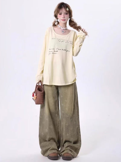 Womens Retro Heavy - Print Cross - Star Design Wide Straight Pants - Zambeel