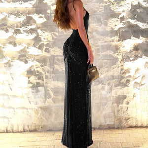 Women's Sexy Backless Gold - Embossed Pleated Bodycon Elegant Slip Dress - Zambeel