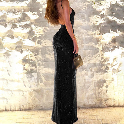 Women's Sexy Backless Gold - Embossed Pleated Bodycon Elegant Slip Dress - Zambeel
