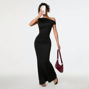 Women's Sexy Socialite - style Dress Summer Off - shoulder Slant - neck Black Evening Gown Maxi Dress - Zambeel