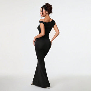 Women's Sexy Socialite - style Dress Summer Off - shoulder Slant - neck Black Evening Gown Maxi Dress - Zambeel