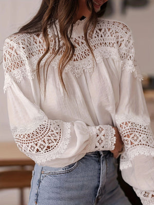 Womens Solid - Color Crochet Hollowed - Out Flare - Sleeve Shirt - Zambeel