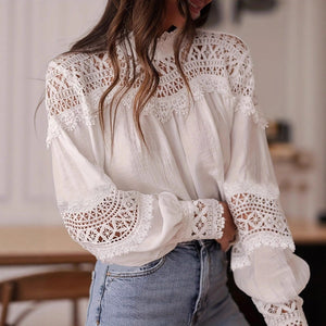 Womens Solid - Color Crochet Hollowed - Out Flare - Sleeve Shirt - Zambeel