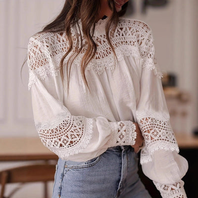 Womens Solid - Color Crochet Hollowed - Out Flare - Sleeve Shirt - Zambeel
