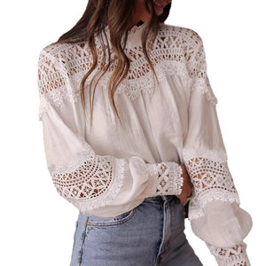 Womens Solid - Color Crochet Hollowed - Out Flare - Sleeve Shirt - Zambeel