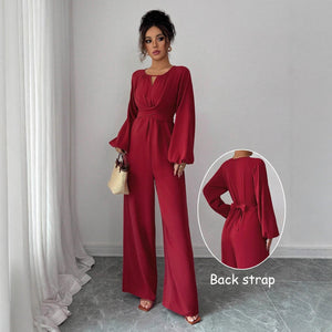 Women's Solid - Colored Jumpsuit With Puffed Sleeves, Square Neck And Wide Legs - Zambeel