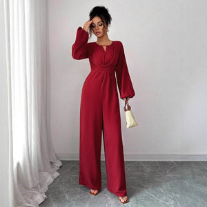 Women's Solid - Colored Jumpsuit With Puffed Sleeves, Square Neck And Wide Legs - Zambeel