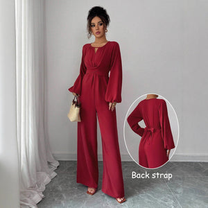 Women's Solid - Colored Jumpsuit With Puffed Sleeves, Square Neck And Wide Legs - Zambeel